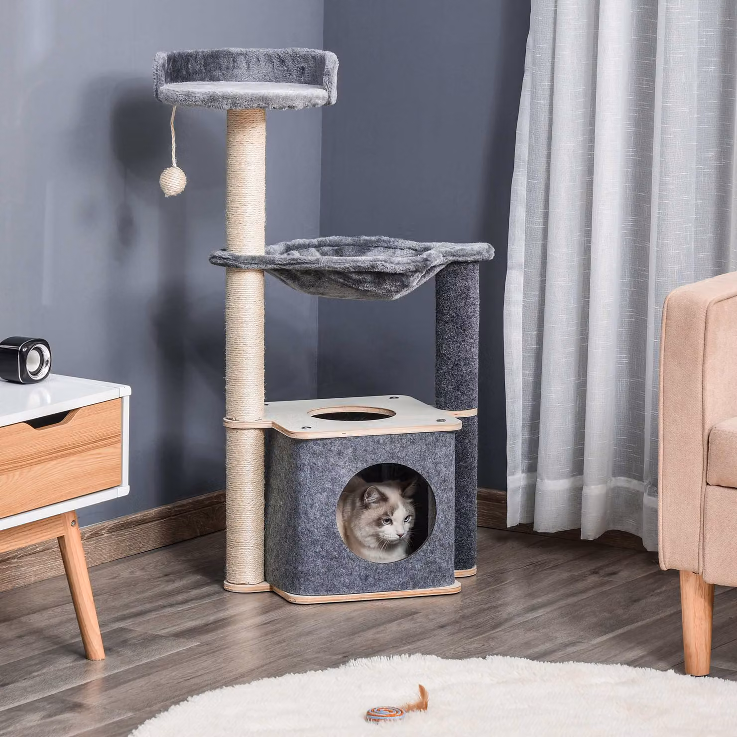 Albero tiragraffi per gatto PawHut con casetta, amaca e corde in sisal, Grigio, L 34 x P 48 x H 95 cm – 2