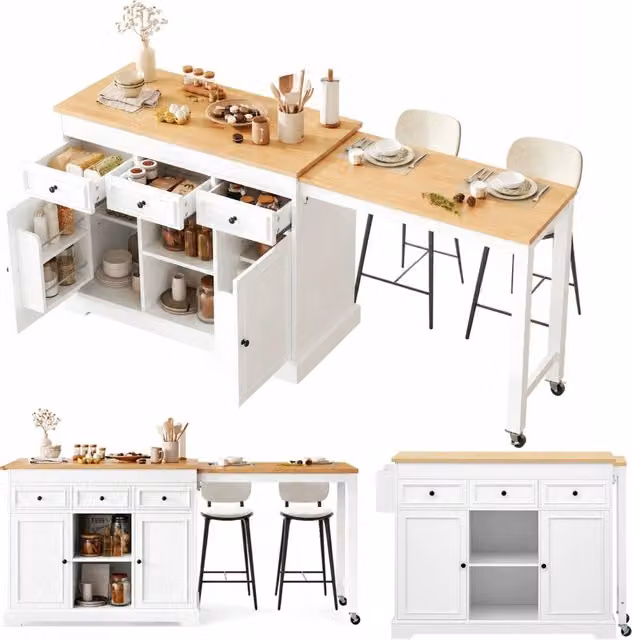 Isola Cucina Mobile con Ruote 112-188x45x92 cm; Piano Estensibile; 3 Cassetti e Portaspezie; MDF Bianco e Legno Naturale