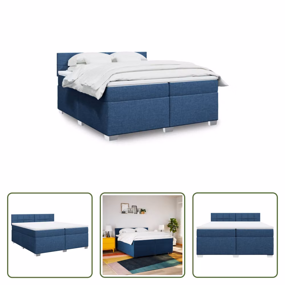 The Living Store Letto a molle con materasso blu 200x200 cm in tessuto