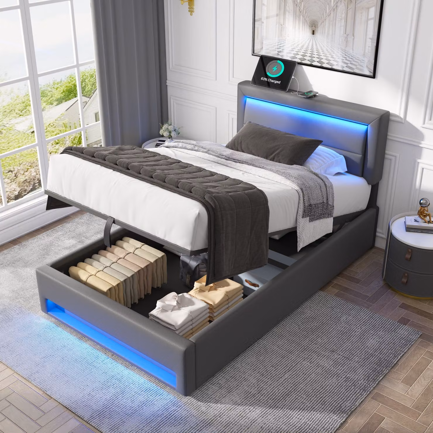 Letto imbottito STILVORA, 90x200 cm, letto per ragazzi/singolo con porta USB e illuminazione LED, letto contenitore con cassone, grigio (con materasso)