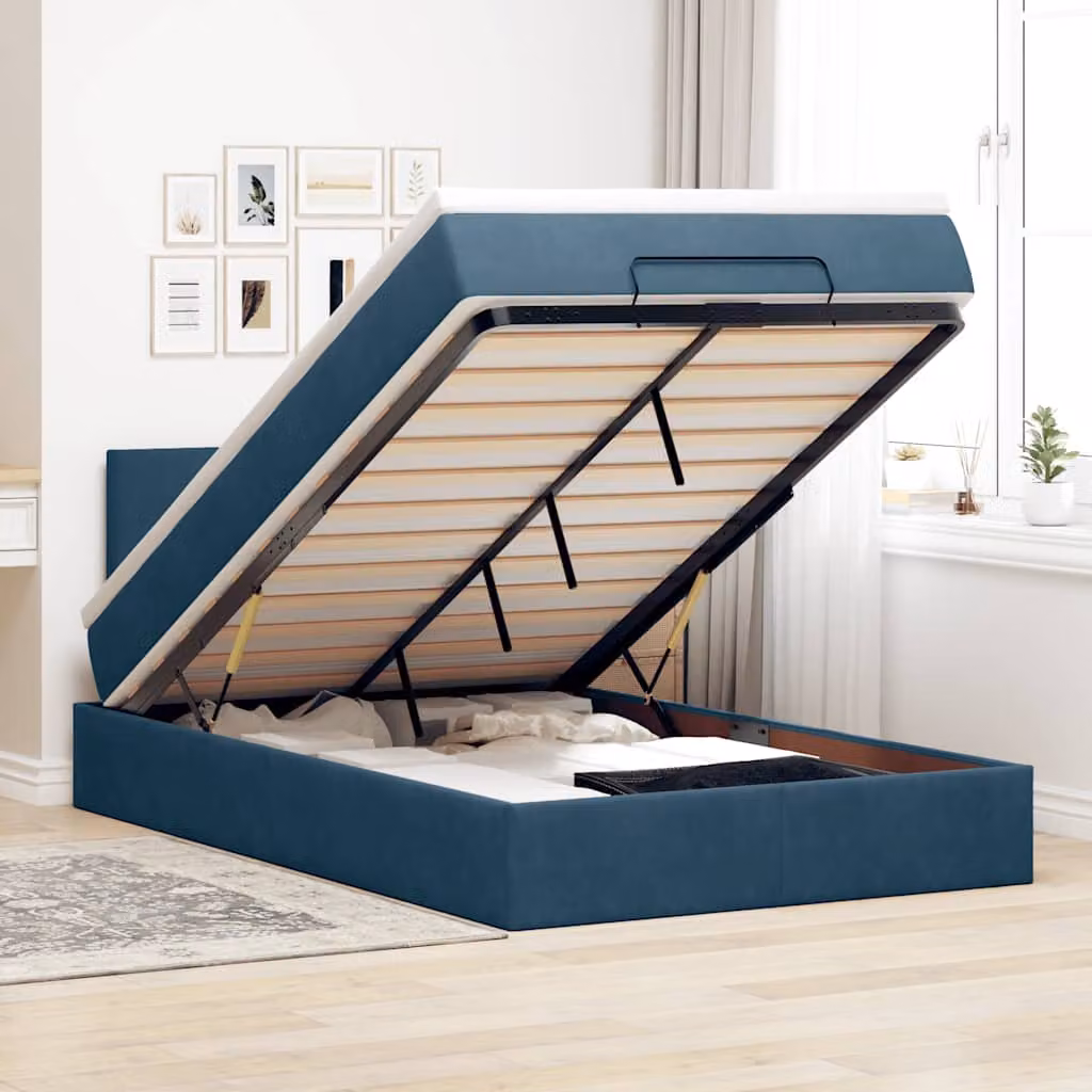 vidaXL Pouf Letto con Materasso in Velluto Blu e Bianco, L/P/H: 120 x 200 x 88 cm