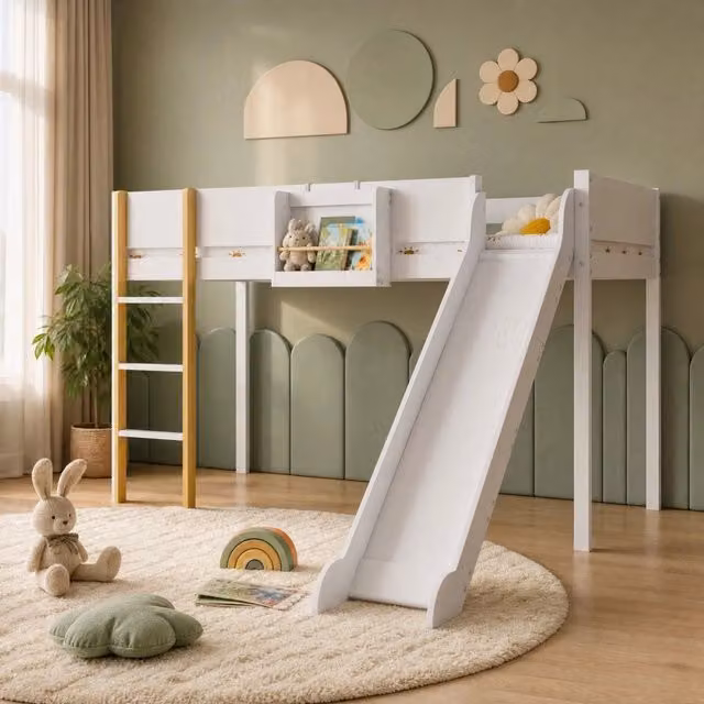 Letto a soppalco per bambini 90x200 cm con scala a tre gradini e scivolo; bianco e naturale
