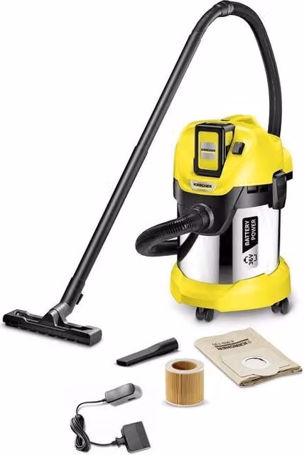 Kärcher WD 3 Battery Premium Set Aspirapolvere a Batteria con Filtro a Cartuccia, 17 L, 300 W, Nero Giallo