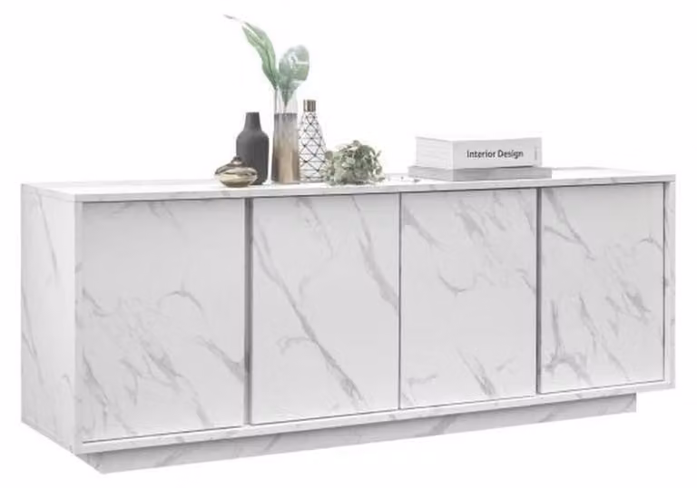 Mobile contenitore laterale "Chic", aspetto marmo bianco, 4 ante, dimensioni: lunghezza 180 cm, larghezza 43 cm, altezza 70 cm