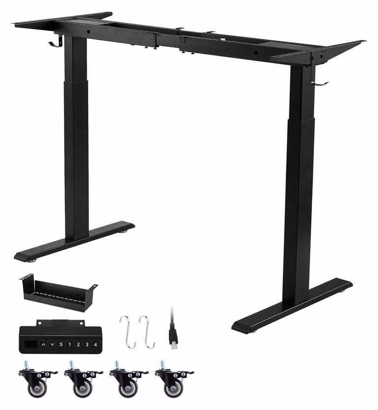 Struttura per scrivania - Regolabile elettricamente in altezza - 2 motori - Portata 125 kg - Funzione memoria - Indicatore di altezza - Protezione anticollisione - Porta di ricarica USB - Nero
