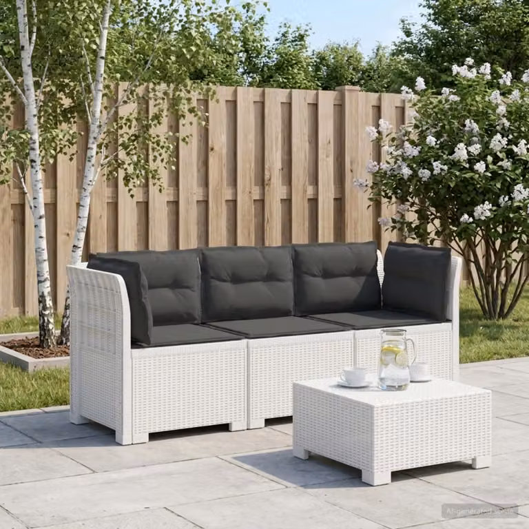 Divano da giardino a 3 posti vidaXL con cuscini imbottiti e coperture rimovibili, design moderno in look rattan bianco e antracite, resistente ai raggi UV e alle intemperie