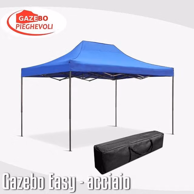 Gazebo 3x4,5 m blu pieghevole portatile estendibile richiudibile estensibile acciaio SENZA laterali per fiere eventi stand chiosco tenda tendone mercato mercatino