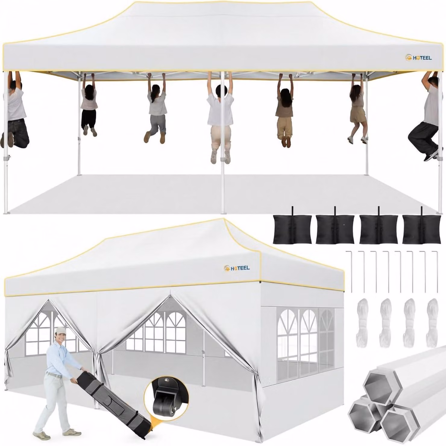 Gazebo da esterno 3x6 metri, impermeabile, con struttura esagonale stabile, trattamento anti-UV, 6 pannelli laterali, colore bianco