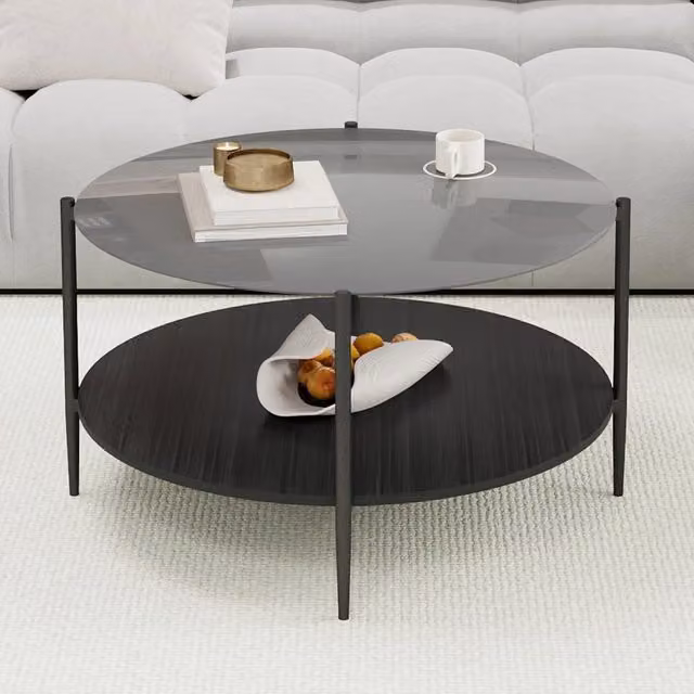 Tavolino da Salotto Moderno Minimalista, Piano Rotondo in Vetro Nero con Ripiano Inferiore in Legno Nero, Bello e Pratico
