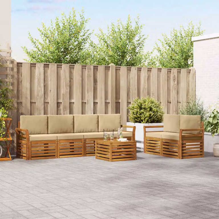 Set di divani da esterno vidaXL 7 pezzi in legno di acacia con cuscini beige e sabbia