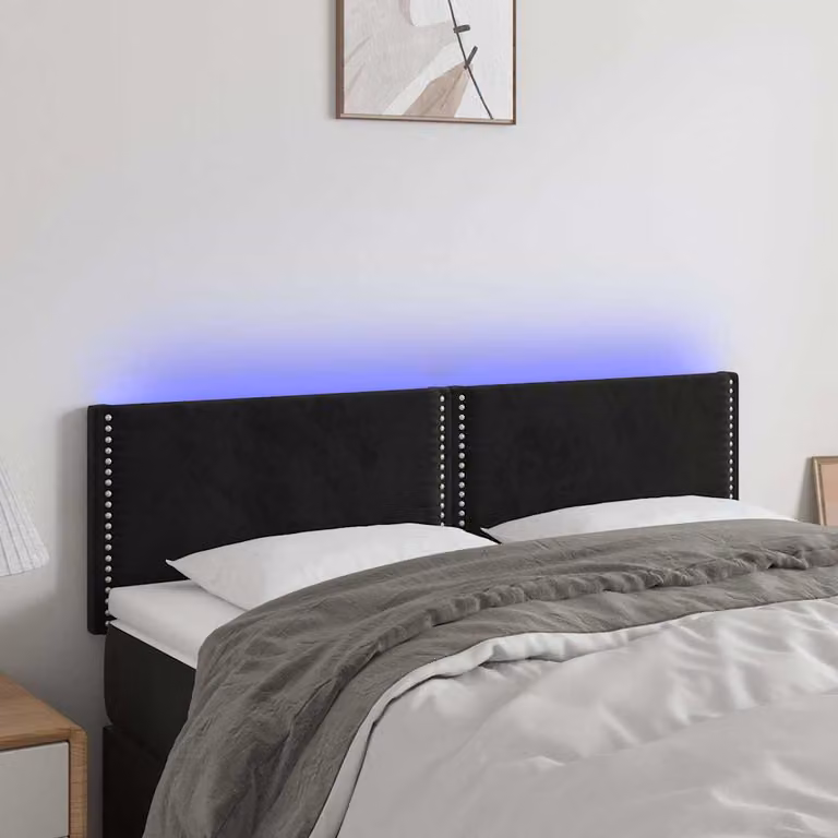 Testiera per letto vidaXL in velluto nero con illuminazione LED e porta di ricarica USB, L 144 x P 5 x H 78/88 cm