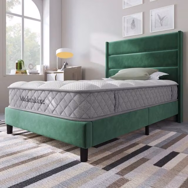 Letto Imbottito 90x200 con Testiera ¨C MINIMAL ¨C Velluto Verde Scuro, Rete a Doghe, con Materasso