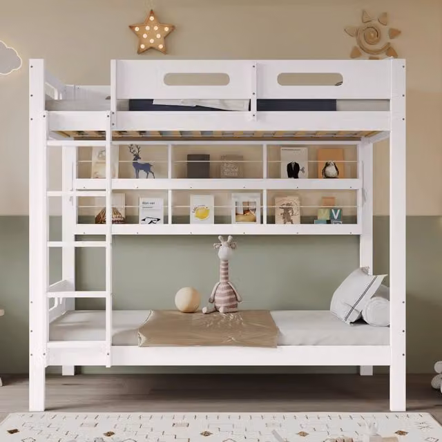 Letto a castello per bambini con protezione anticaduta, scaffale aperto, scala a 5 gradini, ampio contenitore, pino e MDF - Bianco 90x200 cm