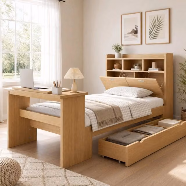 Letto singolo 90x200 cm in legno naturale con contenitore; tavolino pieghevole e ripiano