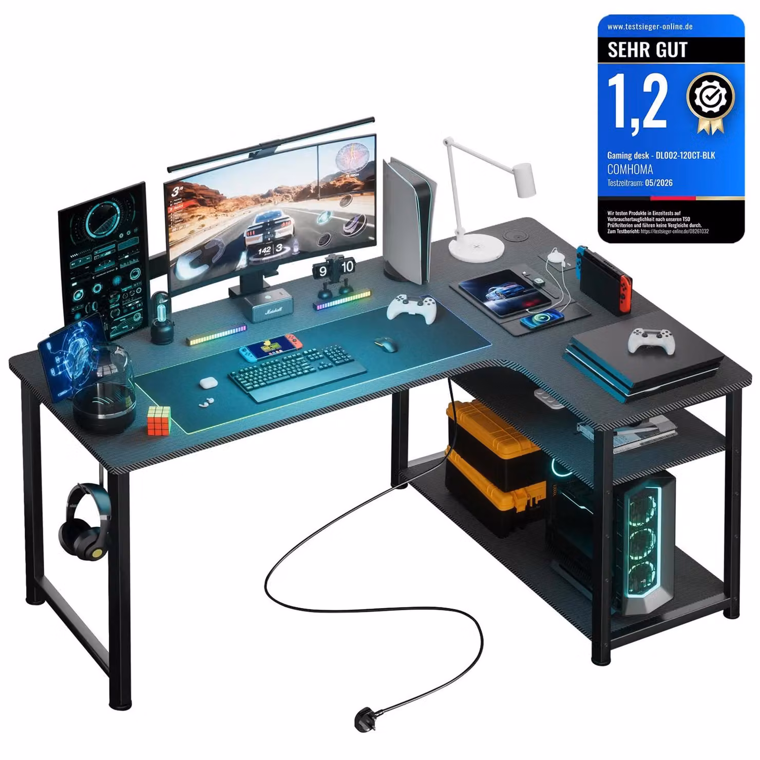 GTPLAYER Scrivania ad angolo Scrivania da gioco con ripiano Porta di ricarica USB e presa (1 scrivania), scrivania per computer da 120 cm a forma di L, scrivania per PC per ufficio,