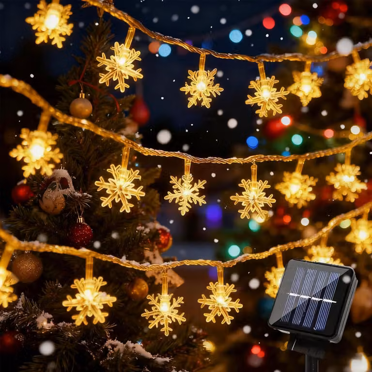 Catena luminosa solare con 30 decorazioni a forma di fiocco di neve, lunghezza 6,5 metri, luce bianca calda, grado di protezione IP65, 8 modalità di illuminazione