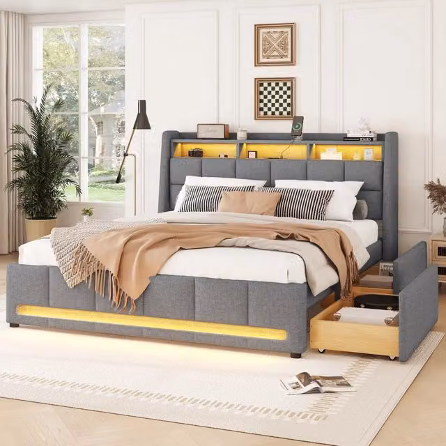 Letto matrimoniale imbottito 140x200cm con cassetti e riporto incorporato in biancheria grigia