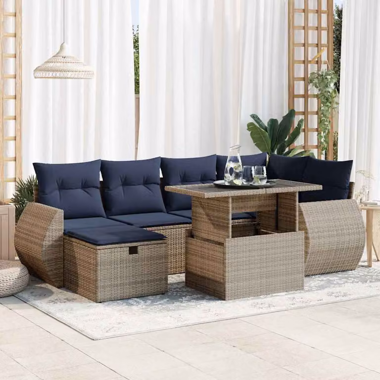 Set da giardino vidaXL composto da 7 pezzi con cuscini in stile moderno, colore grigio e blu, con struttura in metallo e dettagli in rattan e acacia, ideale per terrazzi e balconi