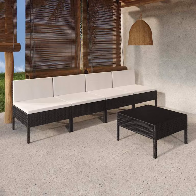 Set da giardino vidaXL composto da 5 pezzi con divano a 3 posti, poltrone e tavolino da caffè in rattan con cuscini bianchi e struttura in acciaio nero