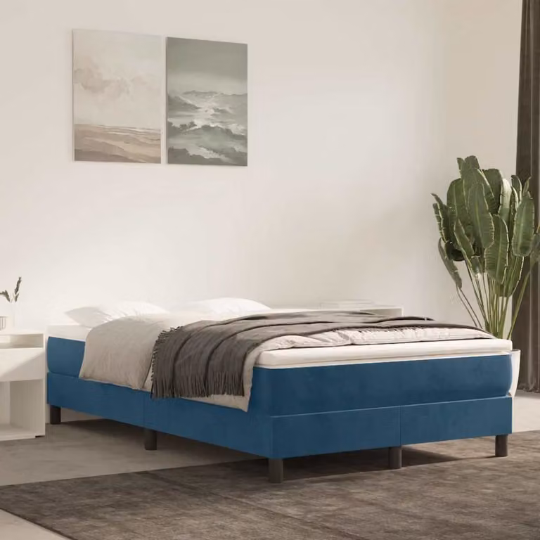 vidaXL Giroletto a Molle Ibrido con Materasso in Velluto Blu e Bianco L/P/H: 200 x 120 x 25 cm