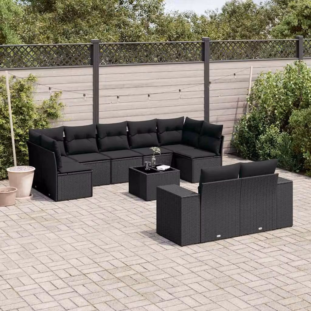 vidaXL Set Divani da Giardino a L 10pz in Polyrattan Nero con Cuscini e Tavolino da Esterno – 1