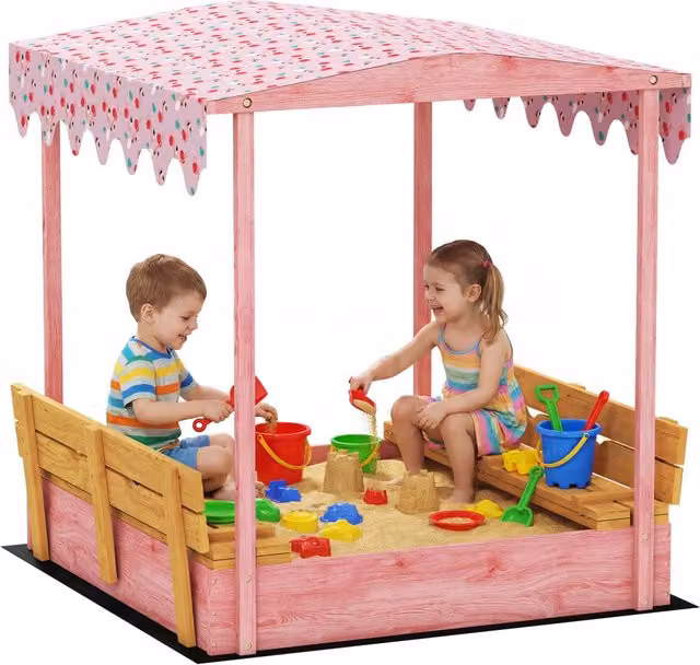 Sabbionaia per Bambini in Legno con Tettuccio, Sedute e Coperchio ¨C Minimal ¨C 134.5x127.5x130 cm, Rosa