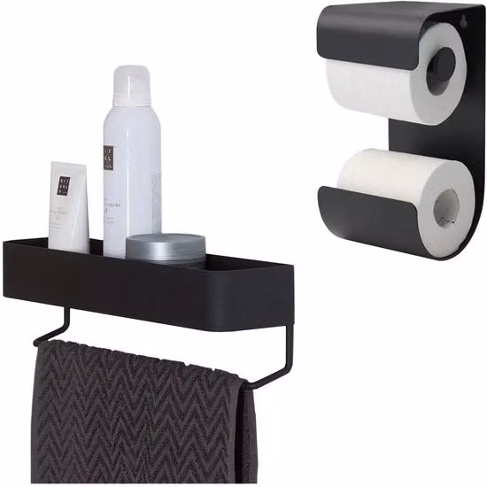 Supporto per carta igienica in acciaio con contenitore per carta igienica integrato, colore: nero + Supporto per asciugamani in metallo con piatto, supporto per asciugamani metallico, colore: nero