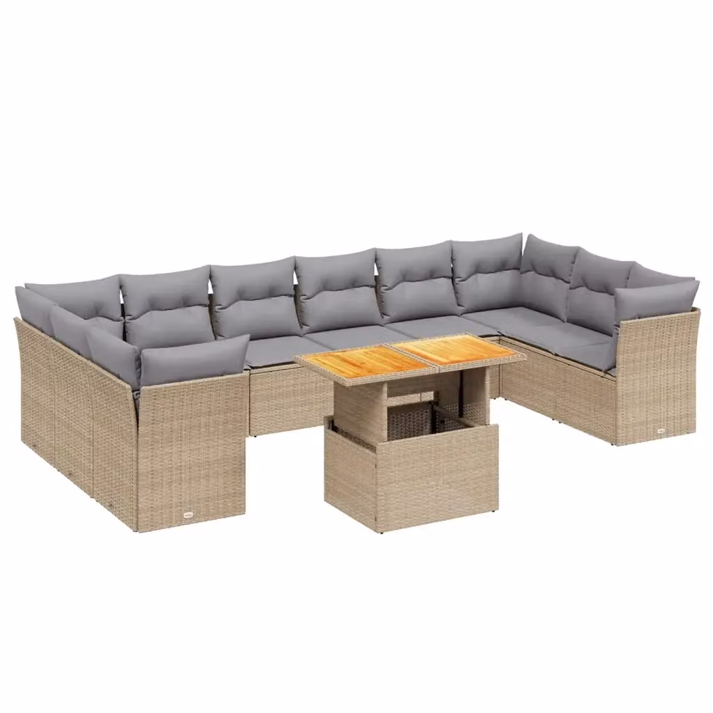 vidaXL Set Divani da Giardino 11 pz in Polyrattan con Cuscini Beige e Tavolino, Design Moderno a L con Struttura in Acciaio e Legno di Acacia – 2