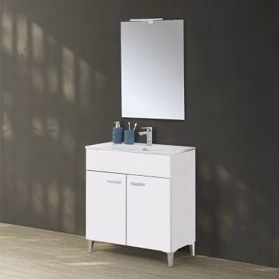 Mobile bagno a terra Martha INBAGNO bianco lucido con lavabo e specchio LED L 80 cm x P 39 cm x H 85,5 cm