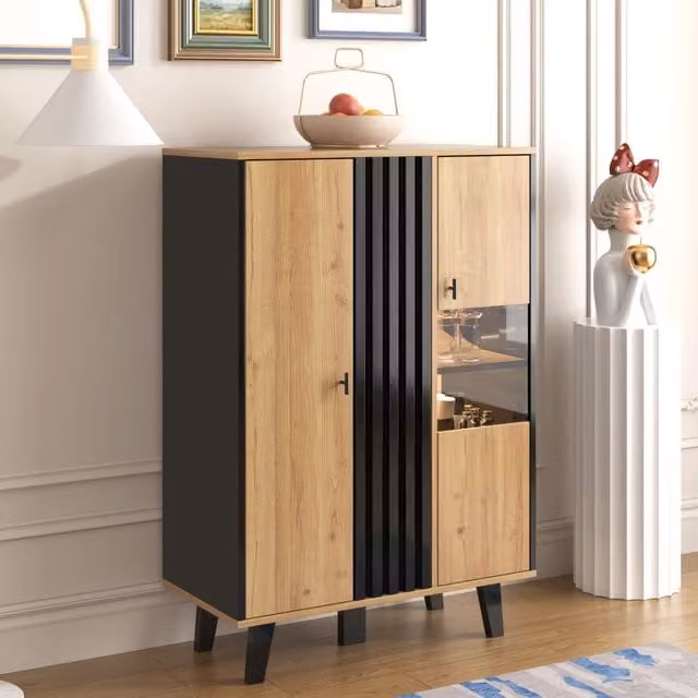 Vetrina e credenza moderna MODFU con ante in vetro e illuminazione LED, finitura legno e nero, L: 120 cm, H: 80 cm, P: 40 cm