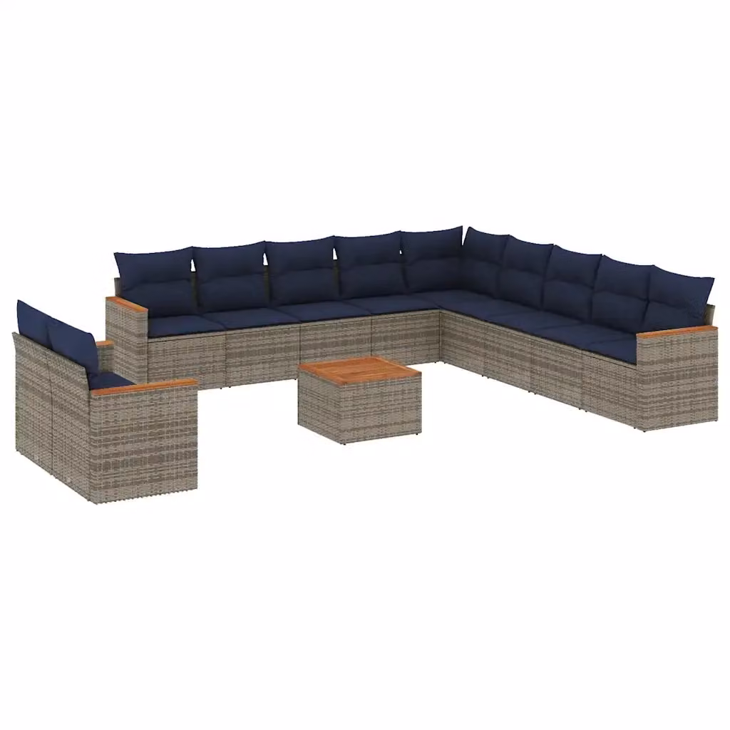 Set Divano da Giardino a Forma di U con Tavolino vidaXL in Polyrattan e Legno di Acacia, Colore Grigio e Blu con Cuscini Inclusi – 2