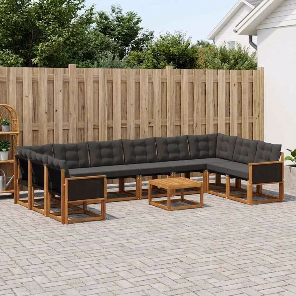 Set di divani da esterno vidaXL 11 pezzi in legno di acacia con cuscini, colore naturale e nero