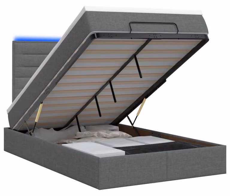 Panca contenitore con materasso e illuminazione LED, colore grigio scuro, dimensioni 120 x 200 cm, rivestita in tessuto