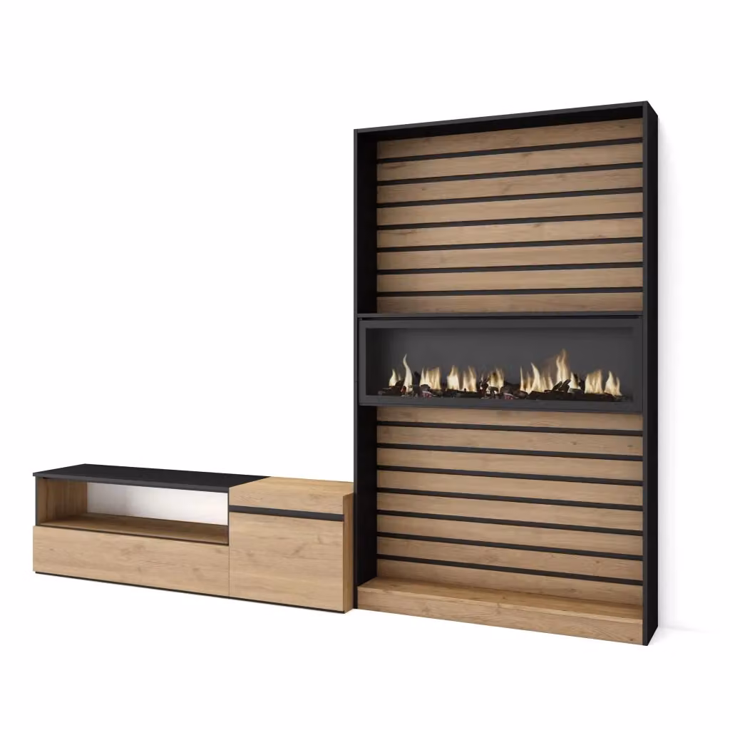 Mobile TV da soggiorno SKRAUT HOME con camino elettrico per TV fino a 65 pollici, colore Rovere e nero, L: 260 cm, P: 35 cm, H: 186 cm – 2