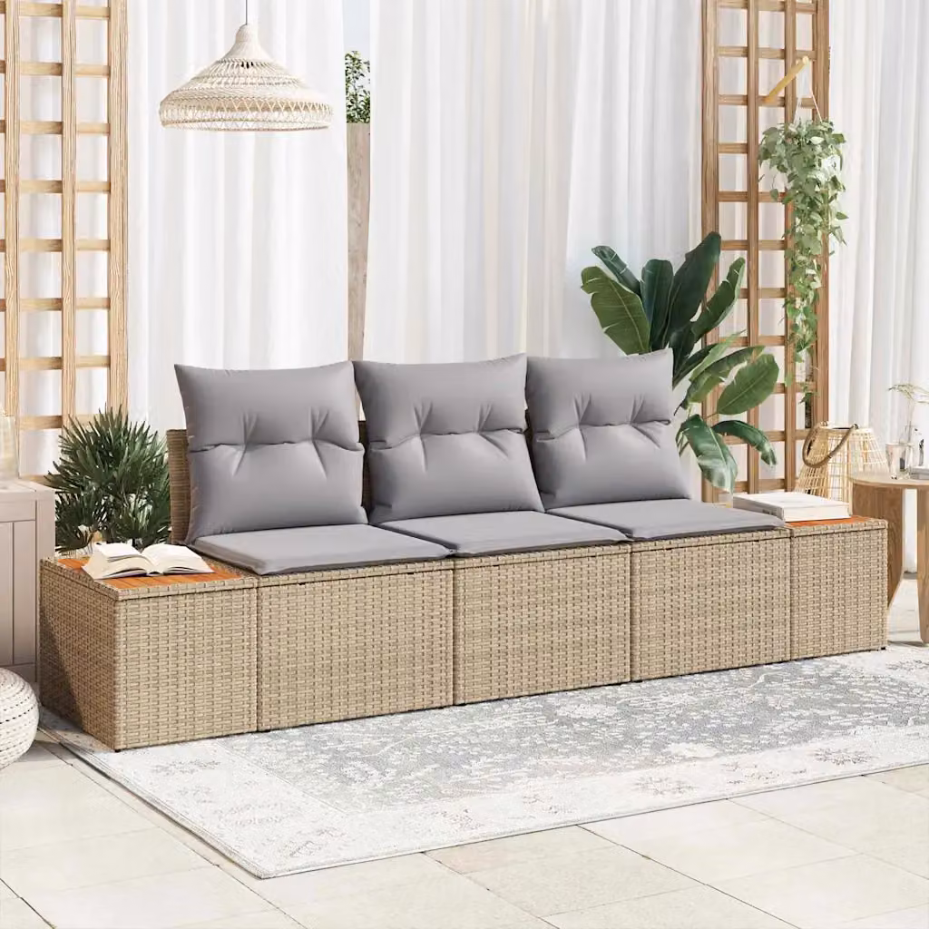 Set Divano da Giardino 3 Posti vidaXL in Rattan con Cuscini Beige e Grigio