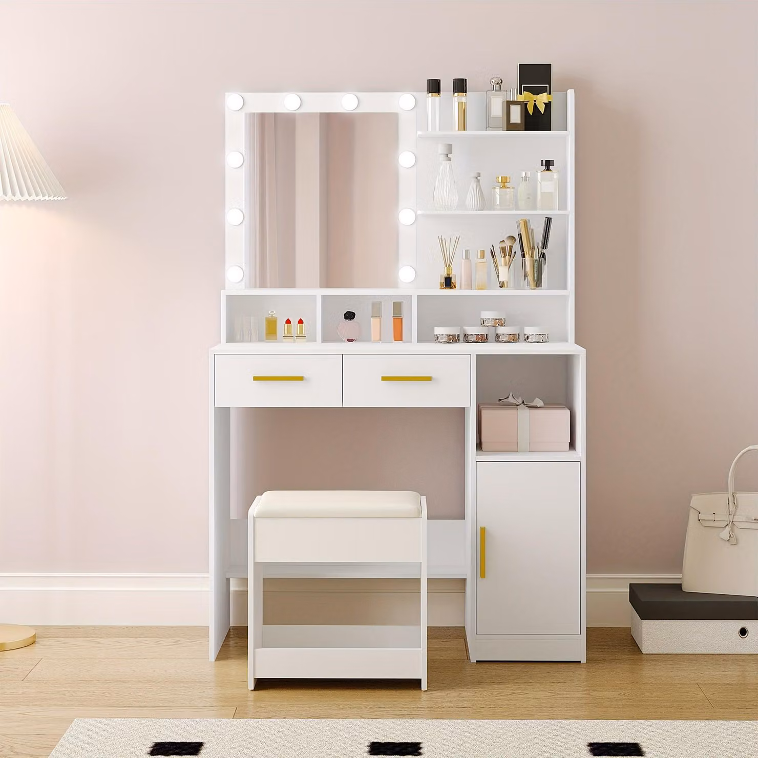 Comò con sgabello e specchio - Bianco - 10 luci LED con intensità regolabile e contenitore portaoggetti