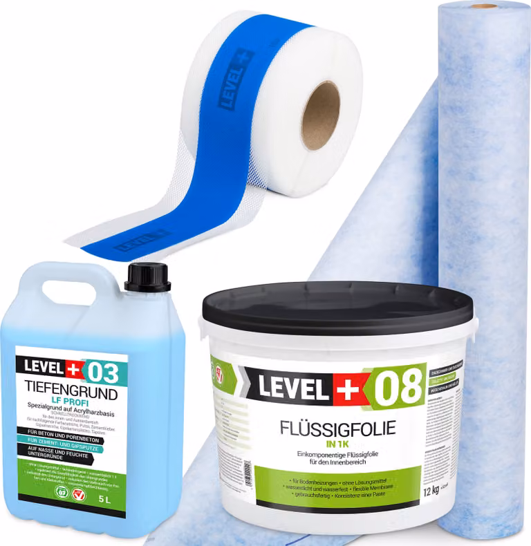 Kit impermeabilizzante: Membrana liquida 12 kg, Nastro sigillante 5 m, Tappetino 1 m, Primer 5 l, Doccia da bagno - LEVEL+ SET314