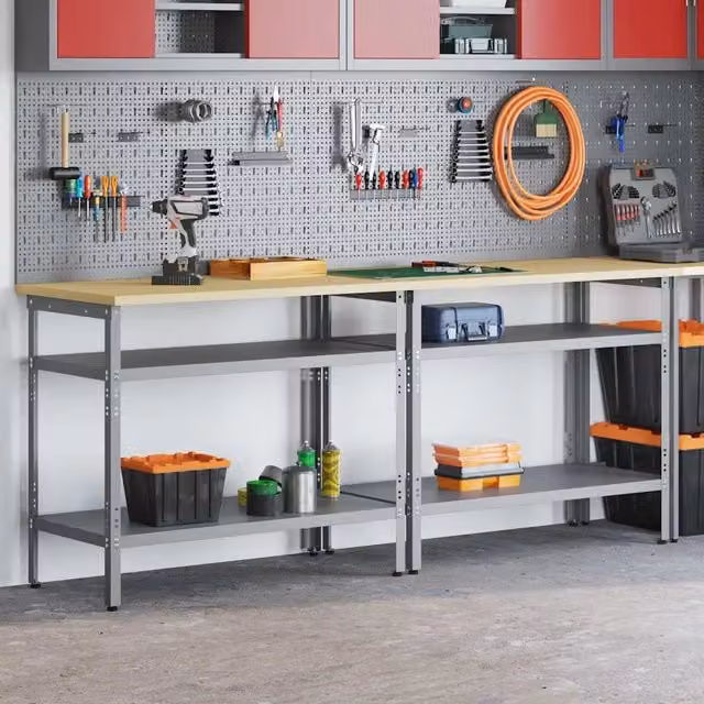 Set di 2 banchi da lavoro regolabili in altezza vidaXL in acciaio, beige e grigio