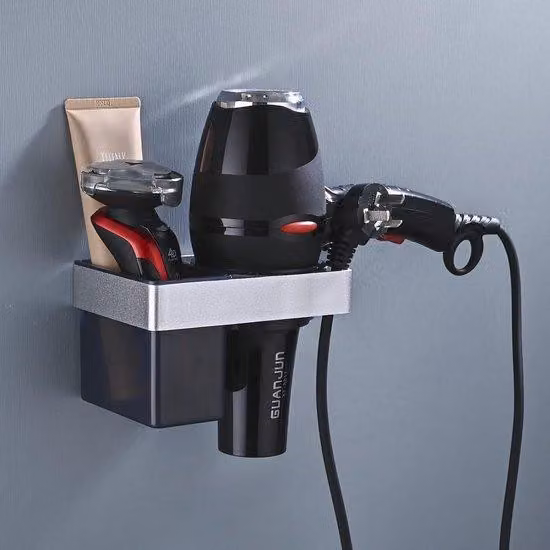 Porta asciugacapelli in alluminio color argento con supporto per il cavo e ripiano