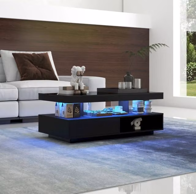 Tavolino basso 95x50x42,5 cm nero truciolare, LED e 2 cassetti