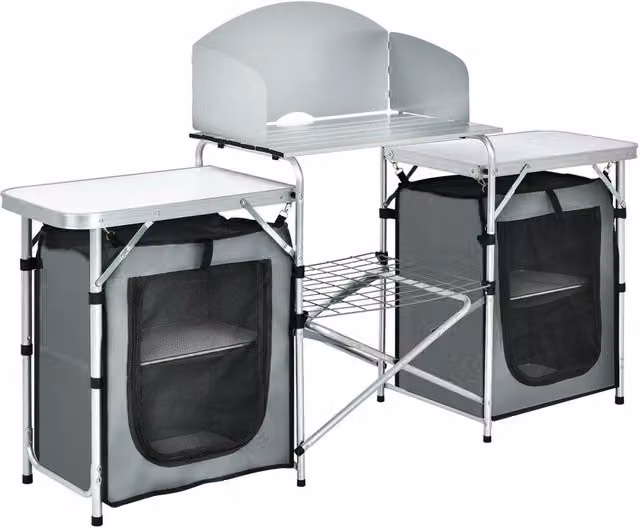 Tavolo da Campeggio Pieghevole con Organizer e Paravento in Alluminio e Acciaio Grigio Portatile per Picnic e Giardino