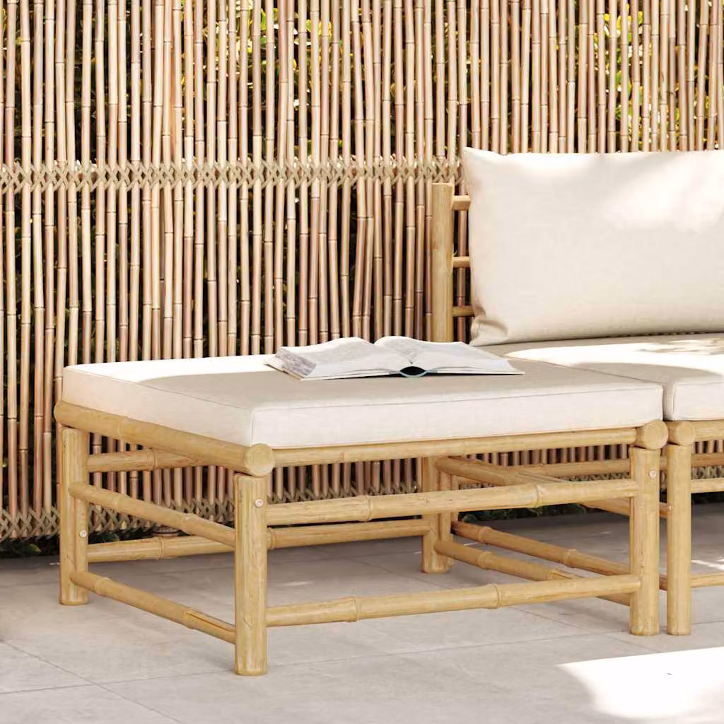 vidaXL Poggiapiedi da Giardino in Bambù con Cuscino Bianco e Beige