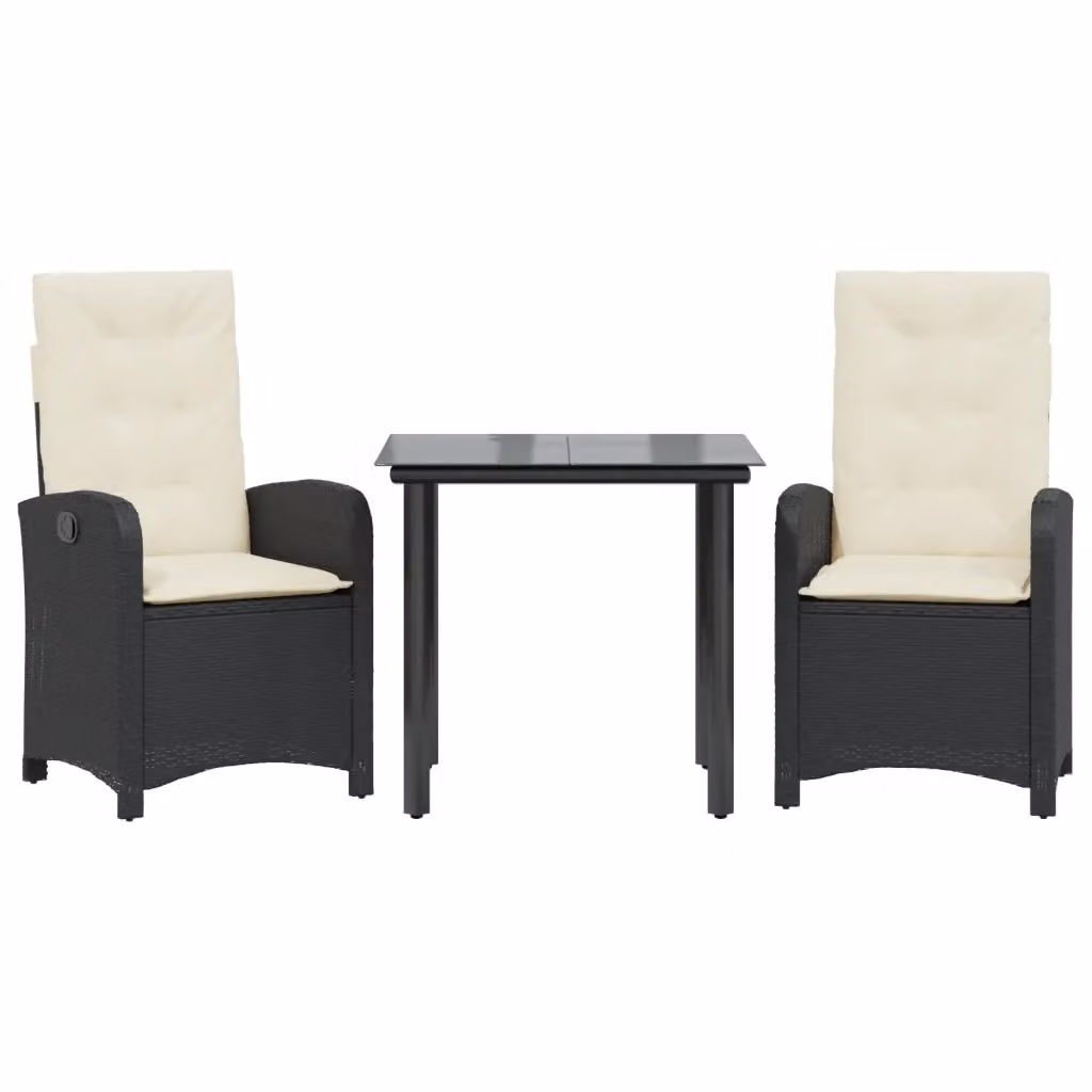 Set da Pranzo da Giardino 3 pz vidaXL in Polyrattan Nero con Cuscini e Tavolo in Vetro – 2