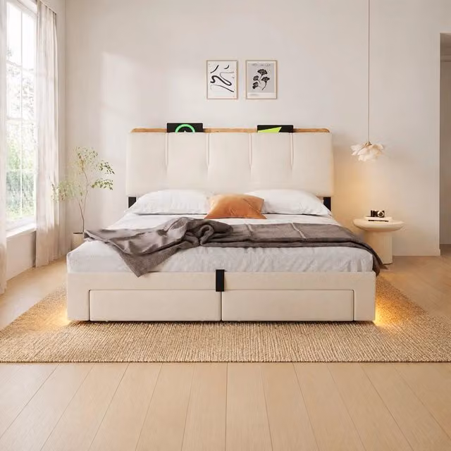 Letto imbottito ULEVR 140x200 cm con contenitore idraulico, cassetti laterali, LED, USB e Type-C, lino beige