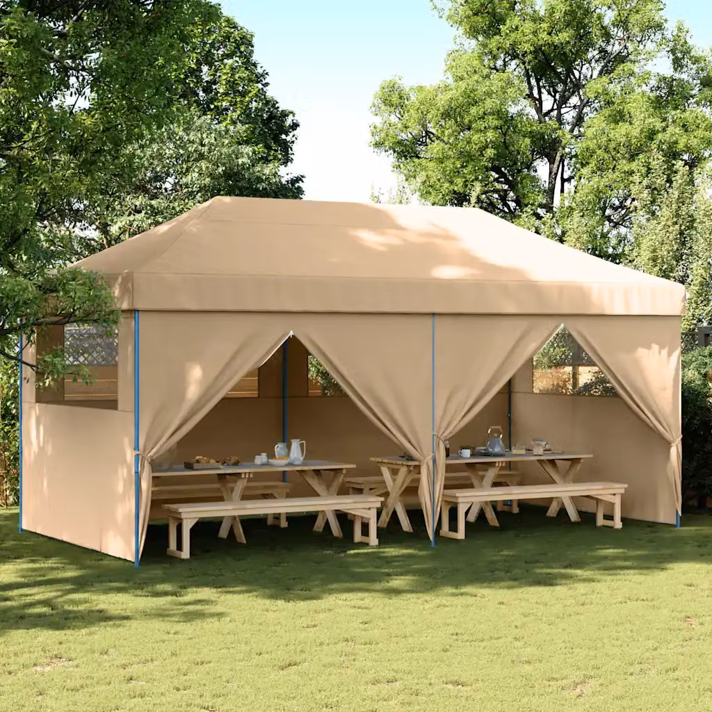 vidaXL Tendone per Feste Pieghevole Pop-Up con 4 Pareti Beige e Blu con Finestre in Poliestere e Acciaio L: 580 cm, P: 315 cm, H: 292 cm