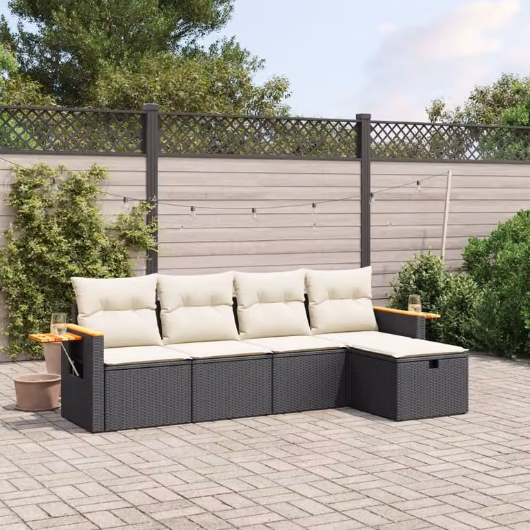 vidaXL Set Divani da Giardino a L 5 pz in Polyrattan Nero con Cuscini e Ottoman