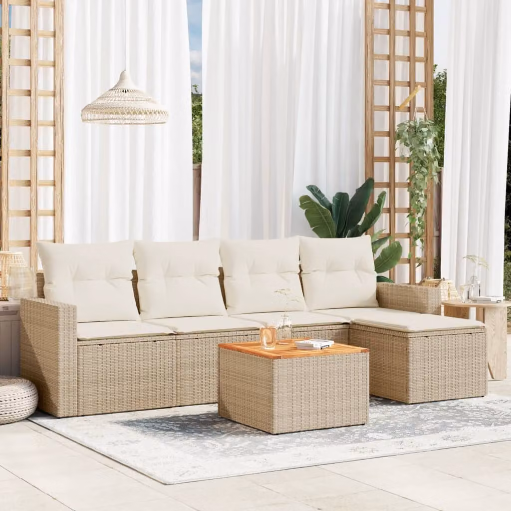 vidaXL Set Divano da Giardino a L in Polyrattan con Cuscini Beige e Tavolino, 6 Pezzi