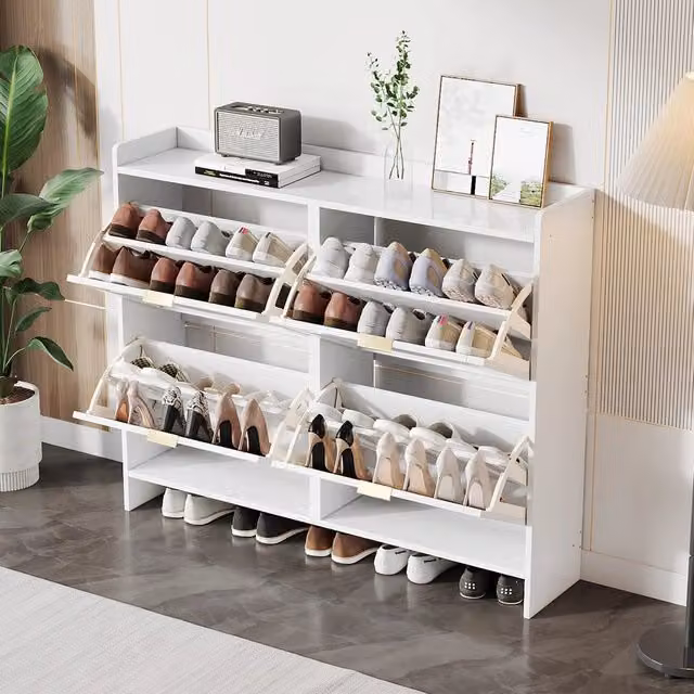 Scarpiera Minimal con Ante a Ribalta e Ripiani Interni Bianco Opaco L 110 cm x H 90 cm x P 24 cm