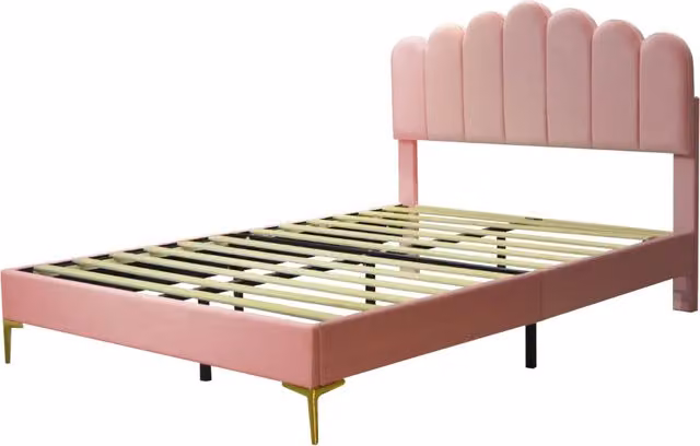 Letto imbottito matrimoniale 140x200 cm con testiera regolabile in velluto rosa e rete a doghe