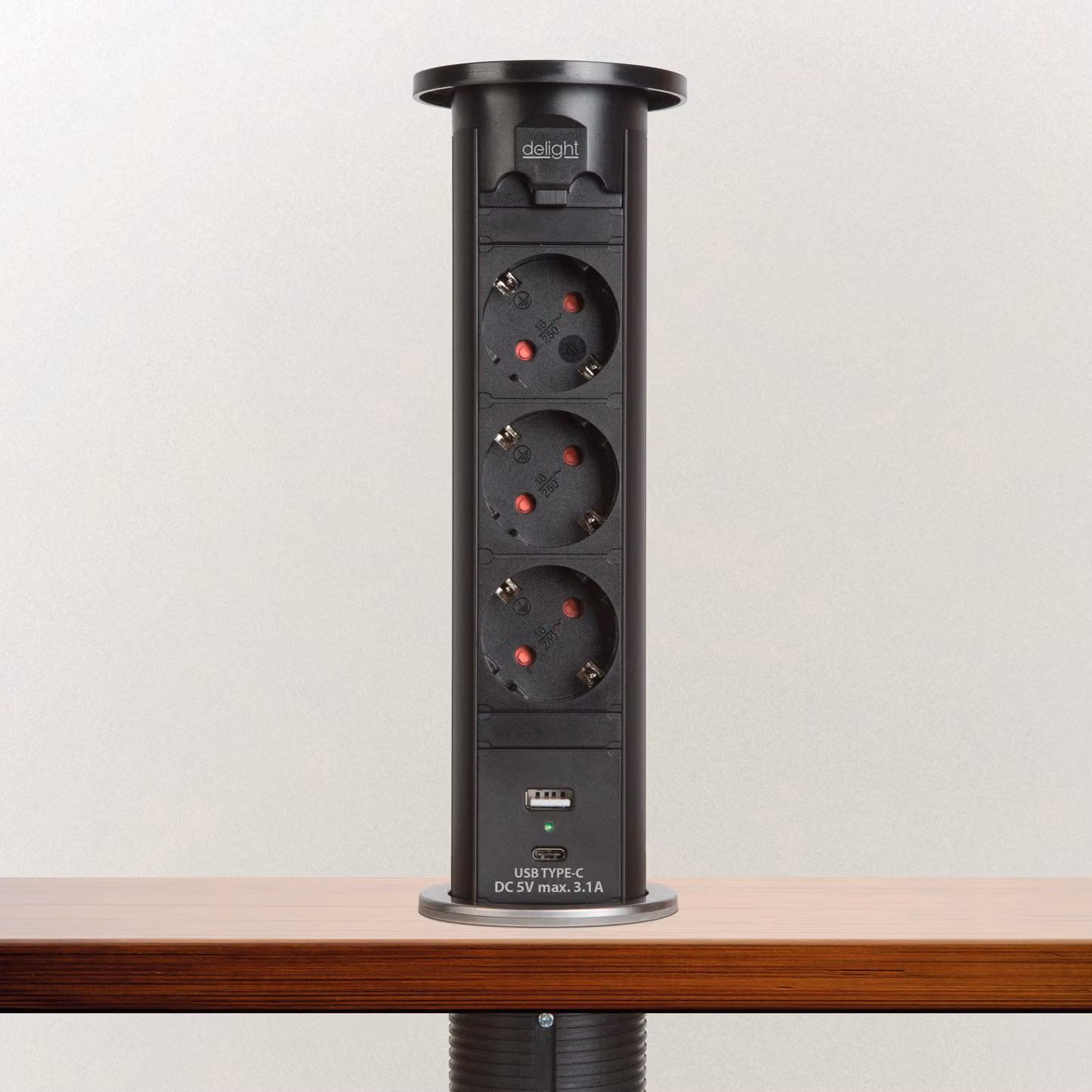 Presa multipla motorizzata a scomparsa - Nero, 3 prese di sicurezza per bambini + 2 porte USB (3,1 A), 3500 W, 230 V CA [20451B]